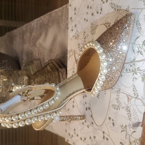 NEW Antonio Melani x Nicola Bathie Bebe Ankle Strap Glitter Pearl Blush Pumps - Picture 4 of 5